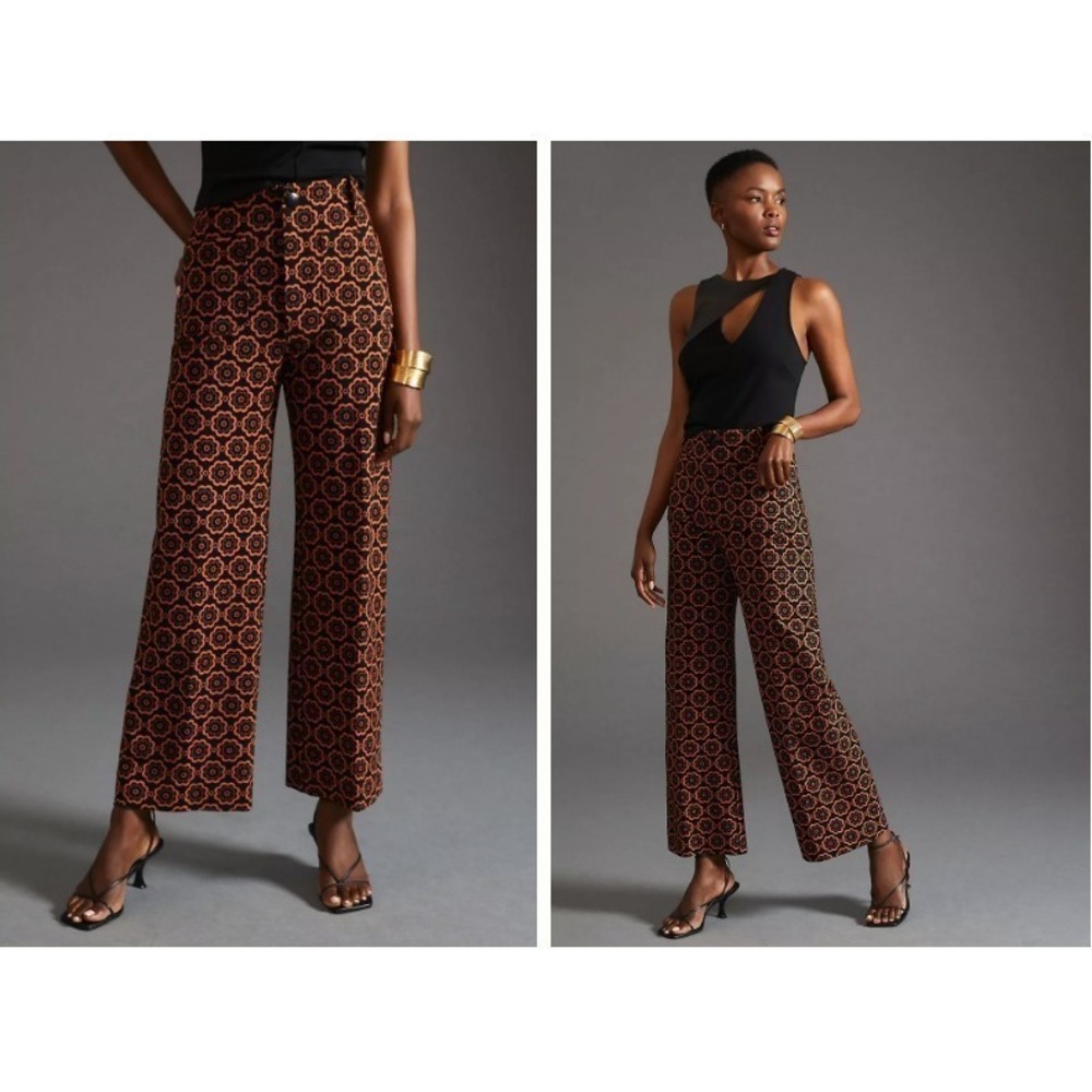 Maeve Anthropologie Colette Wide Leg Pants 25 Black Orange Retro Floral Crop NEW